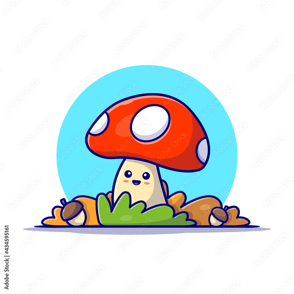 Happy Cute Mushroom with Acorns Autumn Cartoon Vector Icon Illustration.  Nature Object Icon Concept Isolated Premium Vector. Flat Cartoon Style  Stock Vector | Adobe Stock