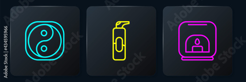Set line Yin Yang, Aroma lamp and Spray can for hairspray. Black square button. Vector