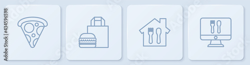 Set line Slice of pizza, Online ordering and delivery, burger and . White square button. Vector