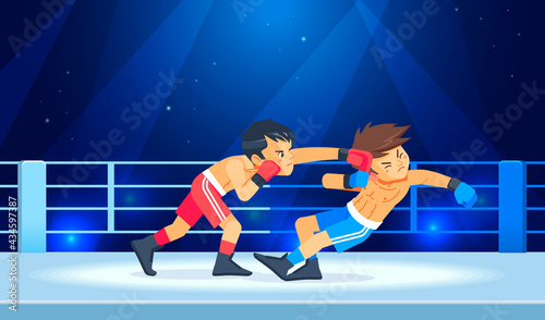 Boys fighter or boxer loses and gets hit in the face while having a knockdown or Knockout in the boxing ring. Cartoon character, flat style vector illustration
