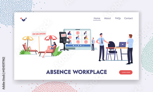 Absence Workplace Landing Page Template. Upset Company Boss Character Stand at Empty Desk in Office, Employees Relaxing