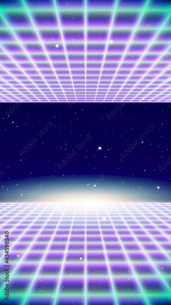Retro neon background with 80s styled laser grid and stars Stock Vector ...