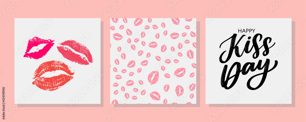 Naklejka premium Kiss me greeting card, poster with pink hand drawn watercolor lips. Vector background with ink hand lettering.