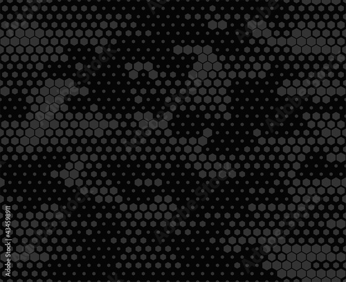 Seamless camouflage pattern modern. Abstract camo from hexagonal elements on a dark background. Military texture. Print on fabric and clothing. Vector illustration
