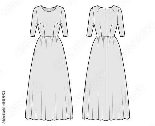 Dress long technical fashion illustration with elbow sleeve, fitted body, floor length full skirt. Flat apparel front, back, grey color style. Women, men unisex CAD mockup