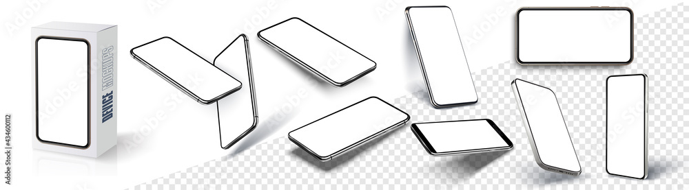 Realistic smartphone mockup. Device UI, UX, mockup for presentation template. Cellphone frame with blank display isolated templates, phone different angles views. 3d isometric illustration cell phone