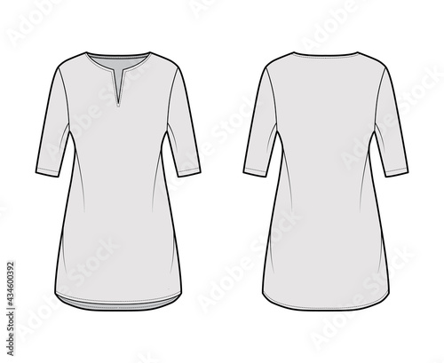Dress tunic technical fashion illustration with elbow sleeves, oversized body, mini length skirt, slashed neck. Flat apparel front, back, grey color style. Women, men unisex CAD mockup