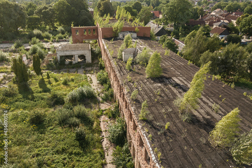 Aerial view of abandoned Kuldiga town match factory and wood processing company Vulkans, Latvia.