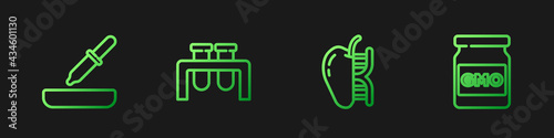 Set line Genetically modified apple, Pipette, Test tube and flask and GMO. Gradient color icons. Vector