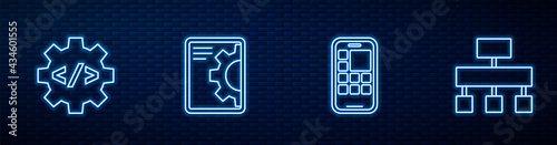 Set line Mobile Apps, Front end development, Web and Site map. Glowing neon icon on brick wall. Vector