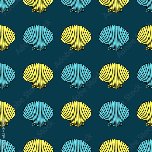 Seamless illustration with seashells. Bright vector drawing.