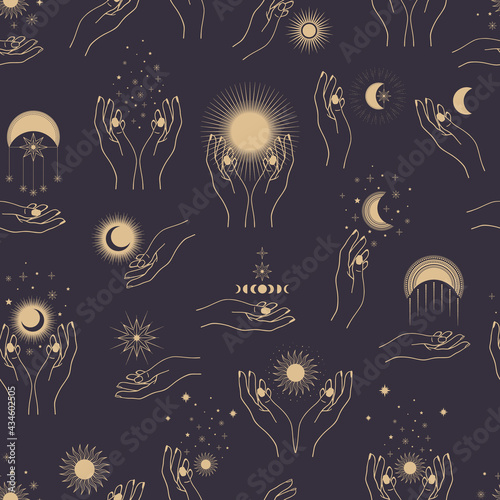 Hand drawn seamless pattern of woman`s hands with mystical Sun, Moon, stars in line art. Magic talisman, antique style, boho. Abstract illustration for greeting card, wallpaper, wrapping paper, fabric