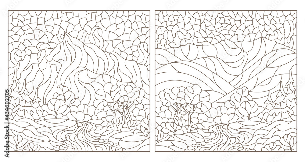 Set of contour illustrations in the style of stained glass with mountain landscapes, dark outlines on a white background Set of contour illustrations in the style of stained glass with mountain landscapes, dark outlines on a white background