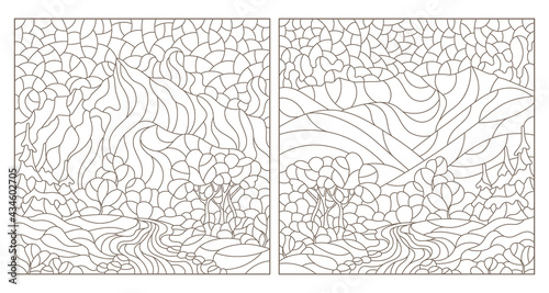 Set of contour illustrations in the style of stained glass with mountain landscapes, dark outlines on a white background