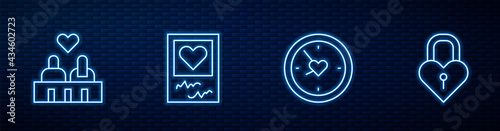 Set line Clock with heart, Couple in love, Photo frames and hearts and Castle the shape of. Glowing neon icon on brick wall. Vector