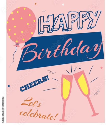 Happy Birthday card, poster, banner, celebration, air balloon, party invitation, design template, cheers, champagne