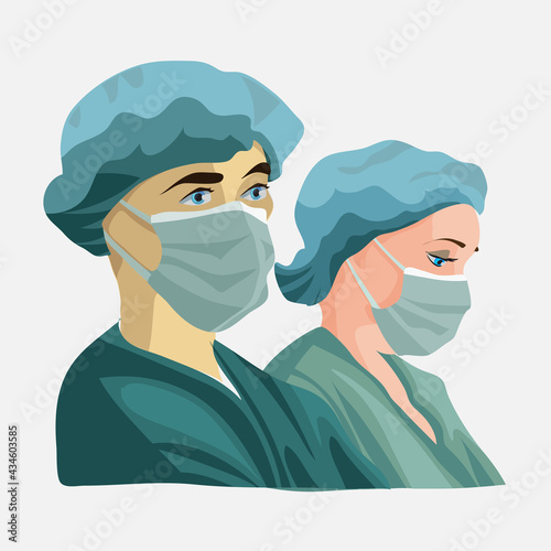 Set of doctors man and woman characters in green medical face mask. Coronavirus 2019-nCoV. Faces of a pair of doctors. Medical team nurse therapist surgeon professional hospital workers