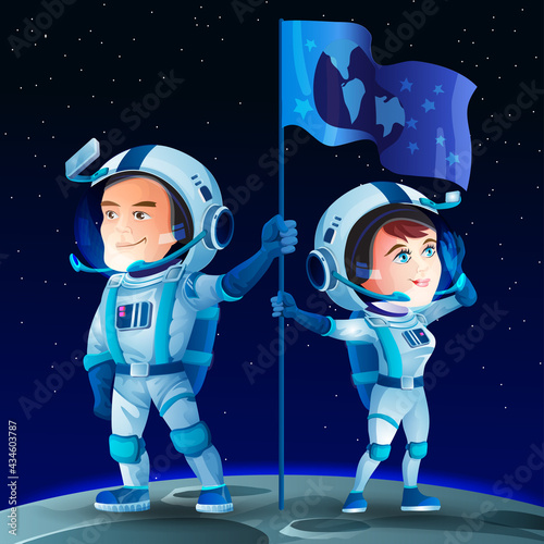Man and woman astronauts on the Moon with a flag. Cosmonaut cute cartoon characters. Moon surface and space