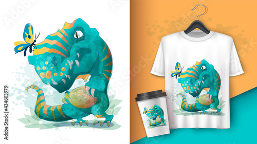 Cute Baby Dinosaur Playin with butterfly. Poster and merchandising. Tyrannosaur. Cartoon character vector illustration. Can be used for print design greeting card used for print design, banner