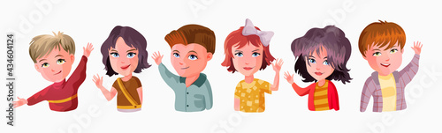 Cute kids waving hands vector illustrations set. Smiling little children in casual clothing greeting gesture. Cheerful elementary school students, kindergarten pupils cartoon characters hi