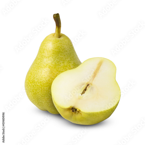 Green pear fruit with half isolated on white background with clipping path