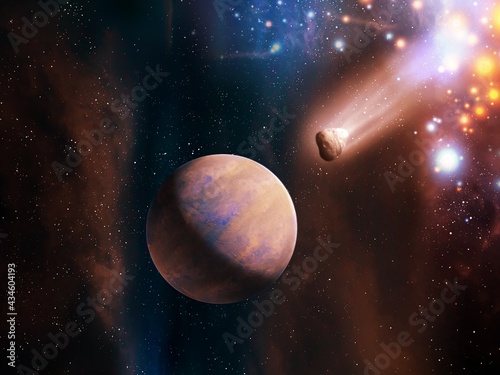 Fototapeta Naklejka Na Ścianę i Meble -  Beautiful planet with a comet in far space with bright stars. Exoplanet inside the interstellar nebula. 