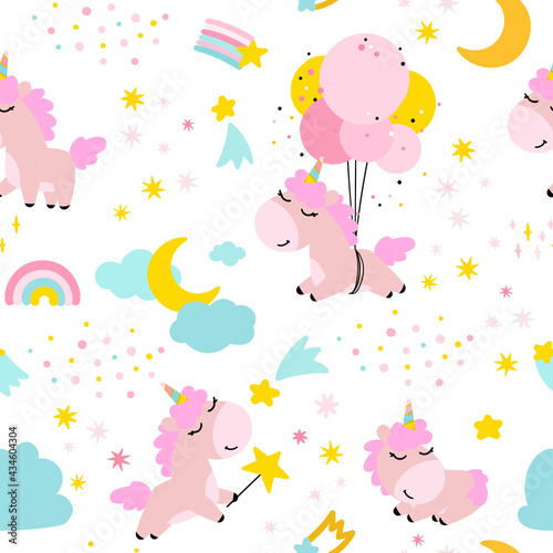 A pattern with rainbow unicorns in a cartoon doodle style. Fairy background with stars and clouds