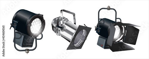 Set of realistic vector floodlights, soffits, studio lights. Professional shooting light, studio projector. Cinema production, photoshooting. Spotlight isolated on white background