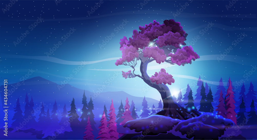 Naklejka premium Vector fantasy night landscape with with a beautiful curved tree, mountains and tree on a starry sky background. Burgundy foliage and nightly fabulous colors