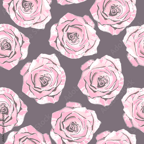 Seamless patterns. Large roses on a lilac background. Vector illustration. Vintage floral elements. Used for printing on fabric, packaging, wallpaper, decorations, postcards, frames, flyers.