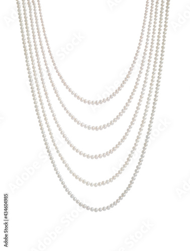 Hanging natural pearl necklace, five rows, isolated on white