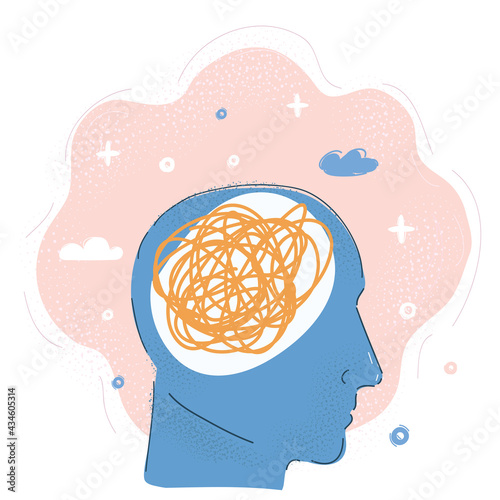 Vector illustration of The Human Mind. Man s head tangled up with threads of string - mental health concept.