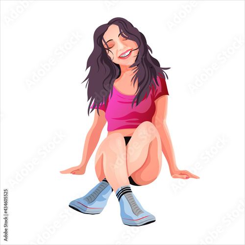 Brunette with long hair sits in a red blouse and smiles. Brunette sitting on the floor and smiling. Isolated vector illustration in cartoon style
