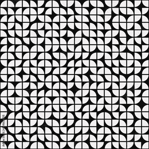 Black background and white quartes pattern. Seamless ans vector geometric monochrome ornament. White shapes four quarters of circle. © Crashik