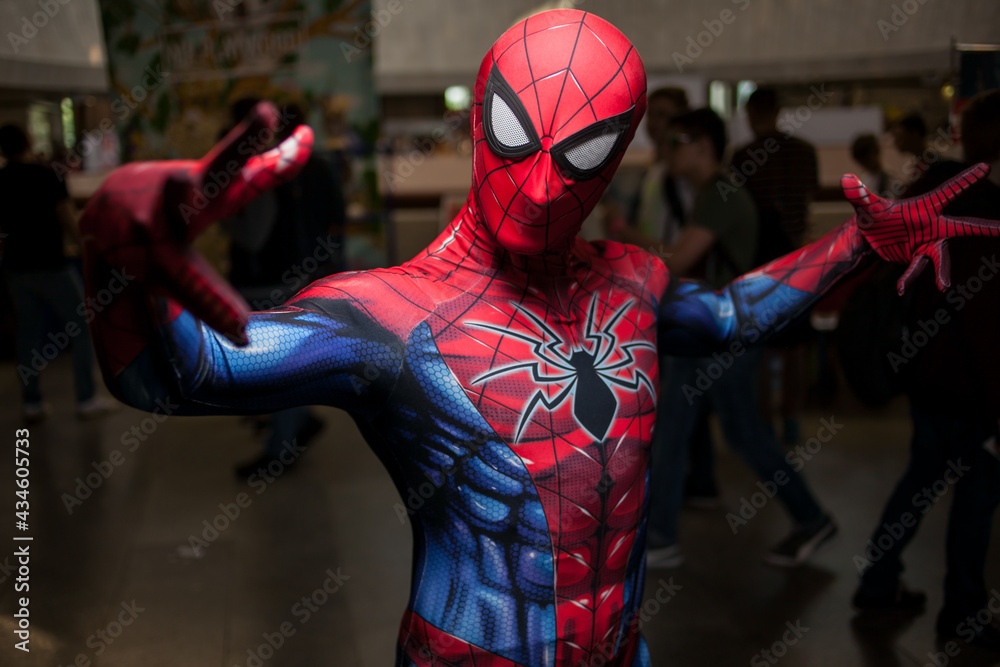 Naklejka premium Kiev, Ukraine - May 20, 2018: Comic Con, an annual festival of geek culture in Kiev, Ukraine. Cosplayers in costumes. People in costumes of characters in the Marvel, DC Universe, computer games