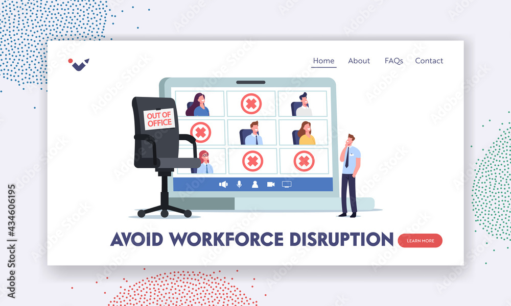 Absence Work Management Landing Page Template. Tiny Company Boss Stand at Huge Laptop with Employees Out of Office