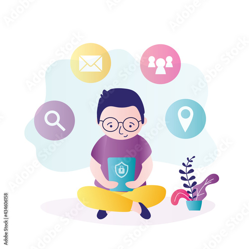 Schoolboy entertained with smartphone. Concept of parental control and safe internet. Parents protect child from inappropriate content