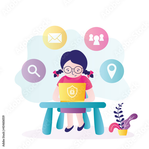 Girl sitting and entertained in laptop. Parents using content control software. Safe internet for kids