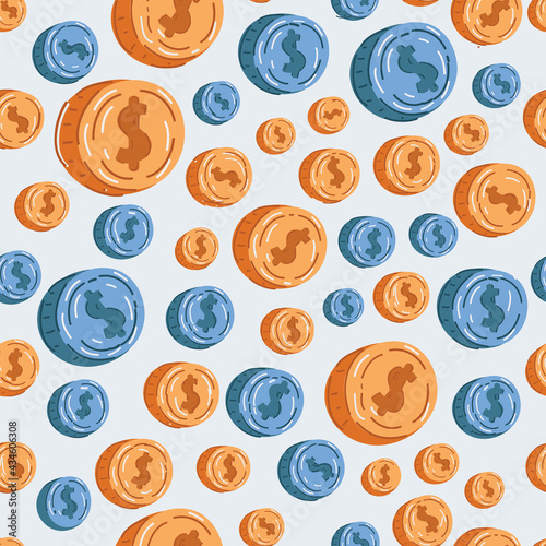 Vector illustration of Money finance pattern with dollar coins. Seamless backround on white