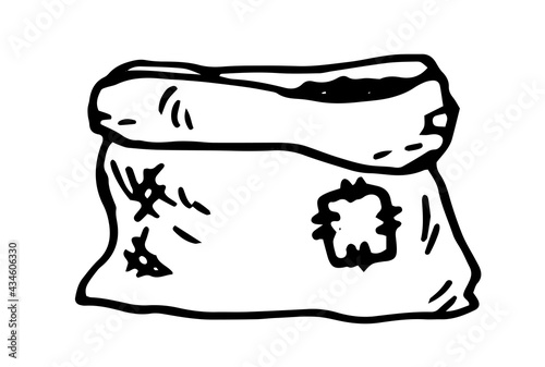 Vector isolated Sack of soil. Hand-drawn bag open with earth made of burlap with a patch, in doodle style with a black line on a white background for a design template. garden series element