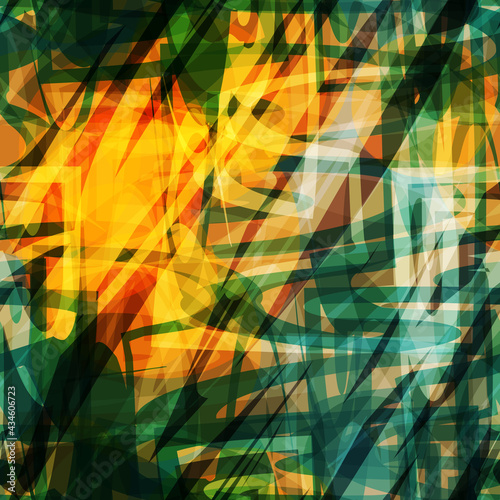 Green, orange, red, yellow seamless pattern with curved stripes. Abstract vector background for web page, banners backdrop, fabric, home decor, wrapping