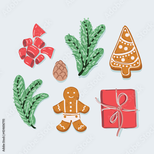 Vector illustration of Christmas set with cute forest animals. New Year's branches, gingerbread cookies present box top view on white backround