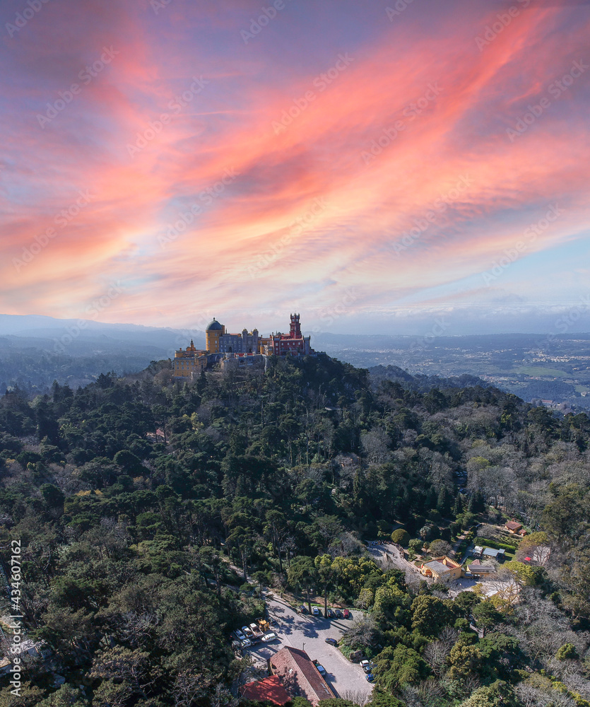 Aerial view from a palace in the top of a mountain. Pena National Palace in Sintra, Portugal. 