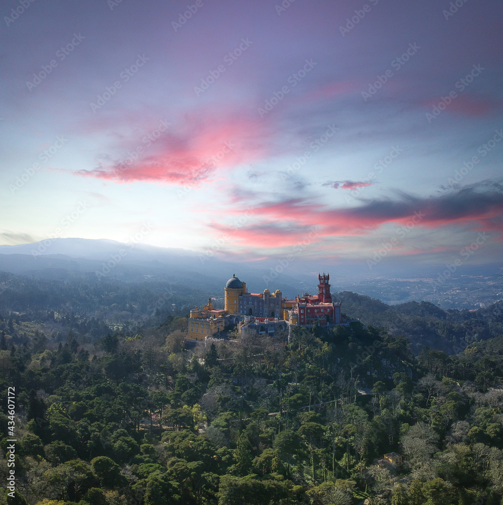 Aerial view from a palace in the top of a mountain. Pena National Palace in Sintra, Portugal. 