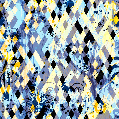 Blue and yellow seamless pattern with small rhombus and spirals. Abstract vector background for web page, banners backdrop, fabric, home decor, wrapping