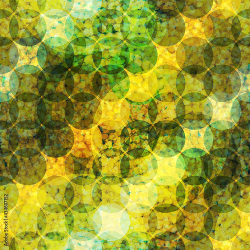 Yellow and green seamless pattern with circles. Mosaic effect. Abstract vector background for web page, banners backdrop, fabric, home decor, wrapping