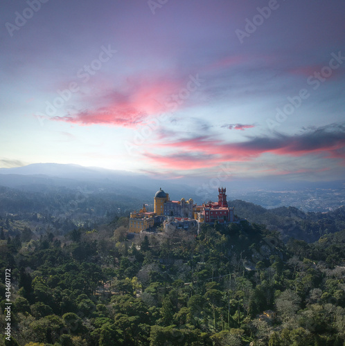 Aerial view from a palace in the top of a mountain. Pena National Palace in Sintra  Portugal. 