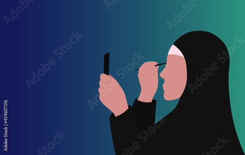 Arabic muslim woman in hijab putting makeup, holding mascara and mirror, wear traditional abaya from UAE or Saudi Arabia, faceless model, islamic beauty industry vector illustration