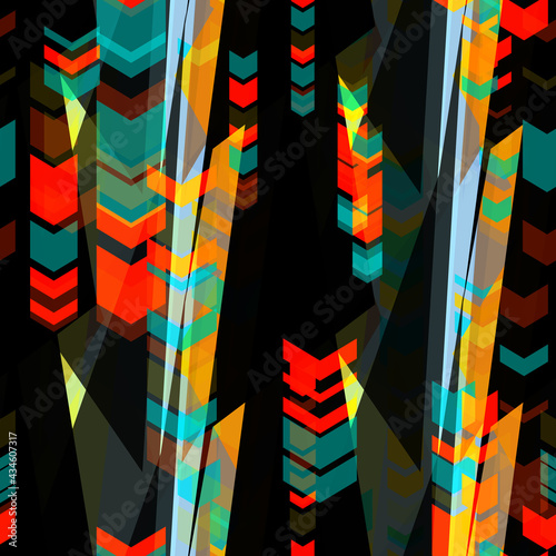 Red and sea green arrows on black backdrop. Seamless pattern. Abstract vector background for web page, banners backdrop, fabric, home decor, wrapping