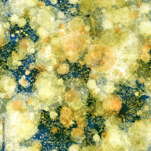 Golden blots and small triangles on blue backdrop. Seamless pattern. Abstract vector background for web page, banners backdrop, fabric, home decor, wrapping